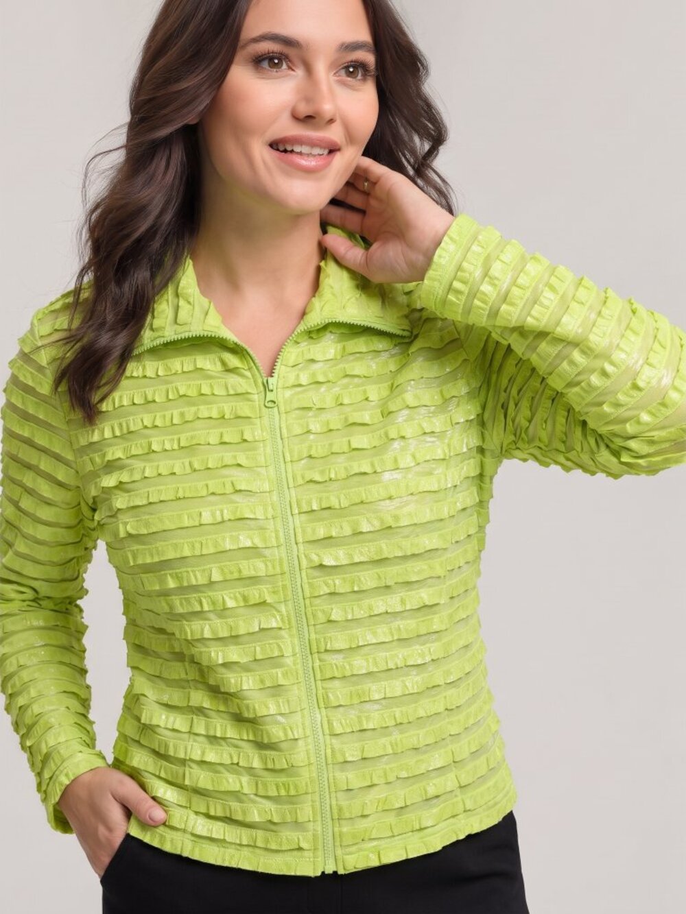 Clara S Lime Green Ruffle Zip-Front Jacket